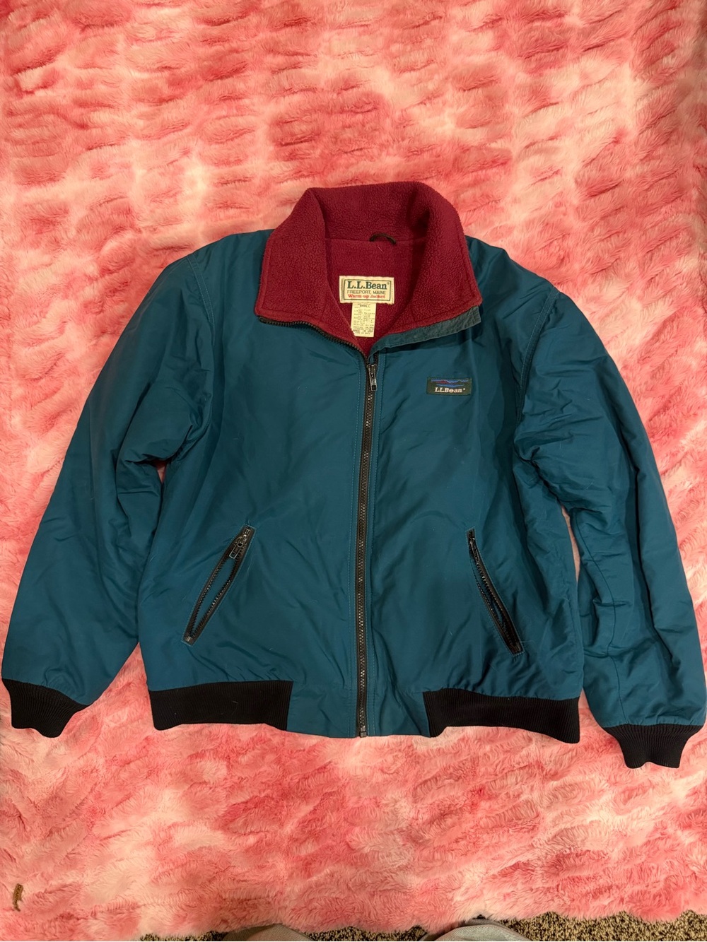 Vintage 90s L.L.Bean Warm-Up Jacket Teal Burgundy Fleece Lined Bomber